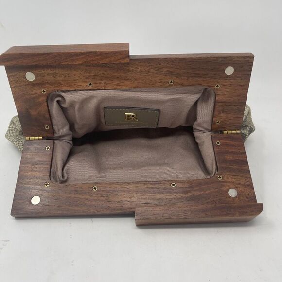 Banana Republic Suede Phyton Snake Print Leather Wooden Frame Hinged Clutch - Picture 2 of 7